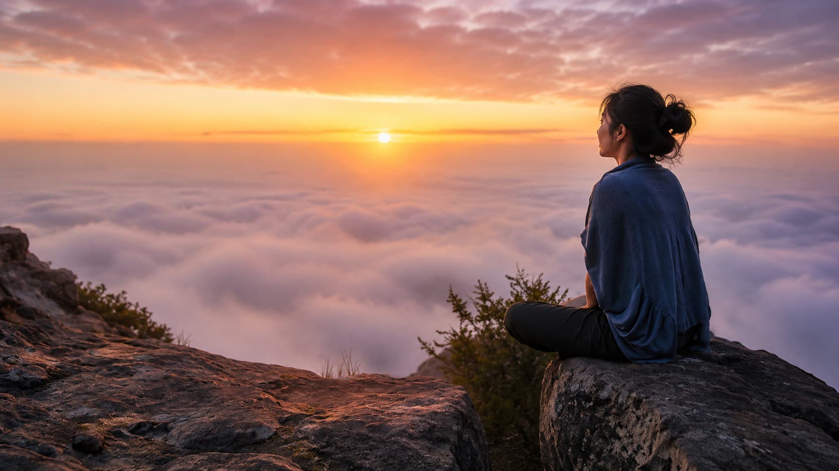 A woman meditating on a rocky summit above the clouds at sunset