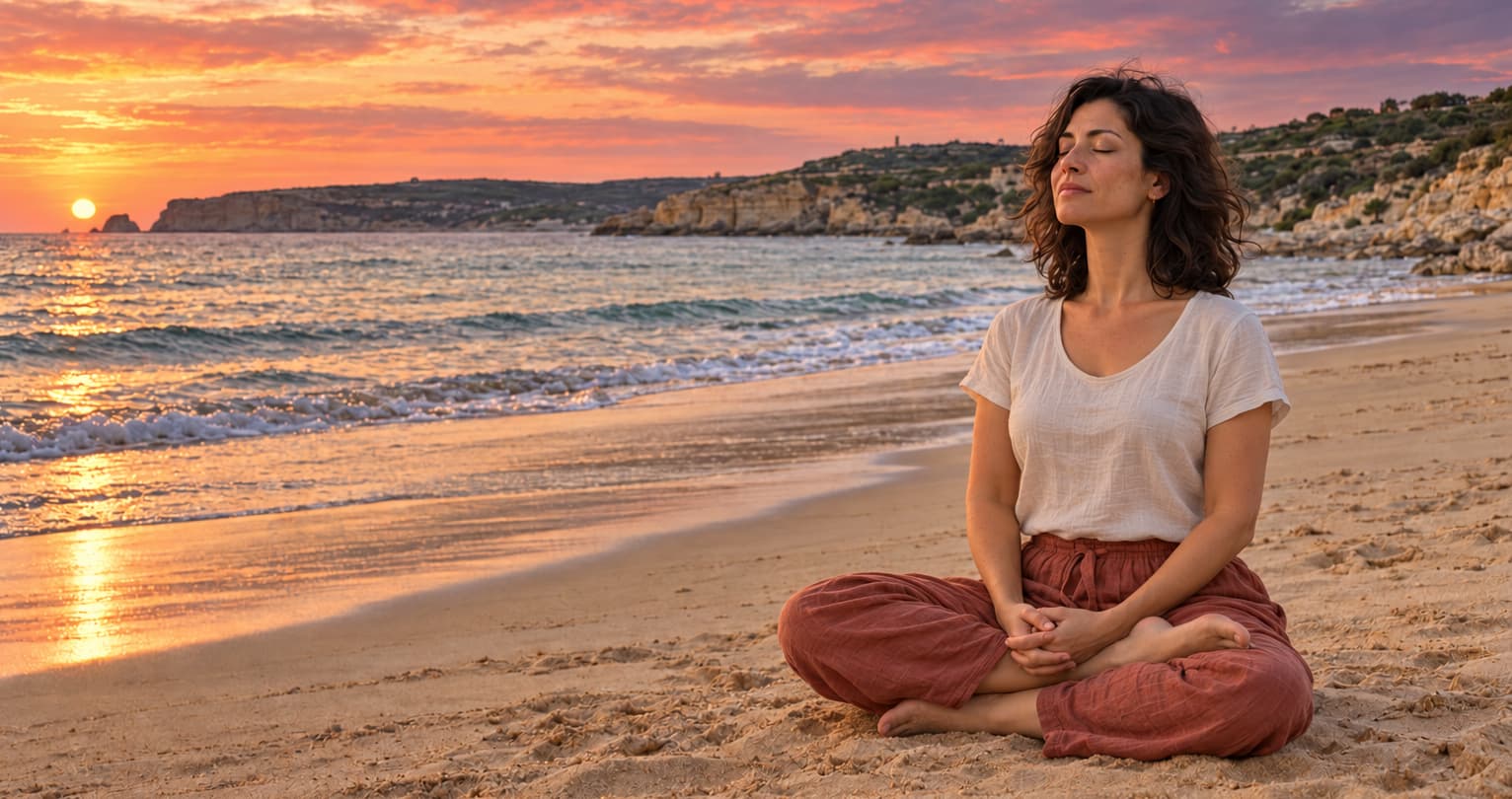 A woman meditating in half lotus on a Maltese beach beside the sea at sunset