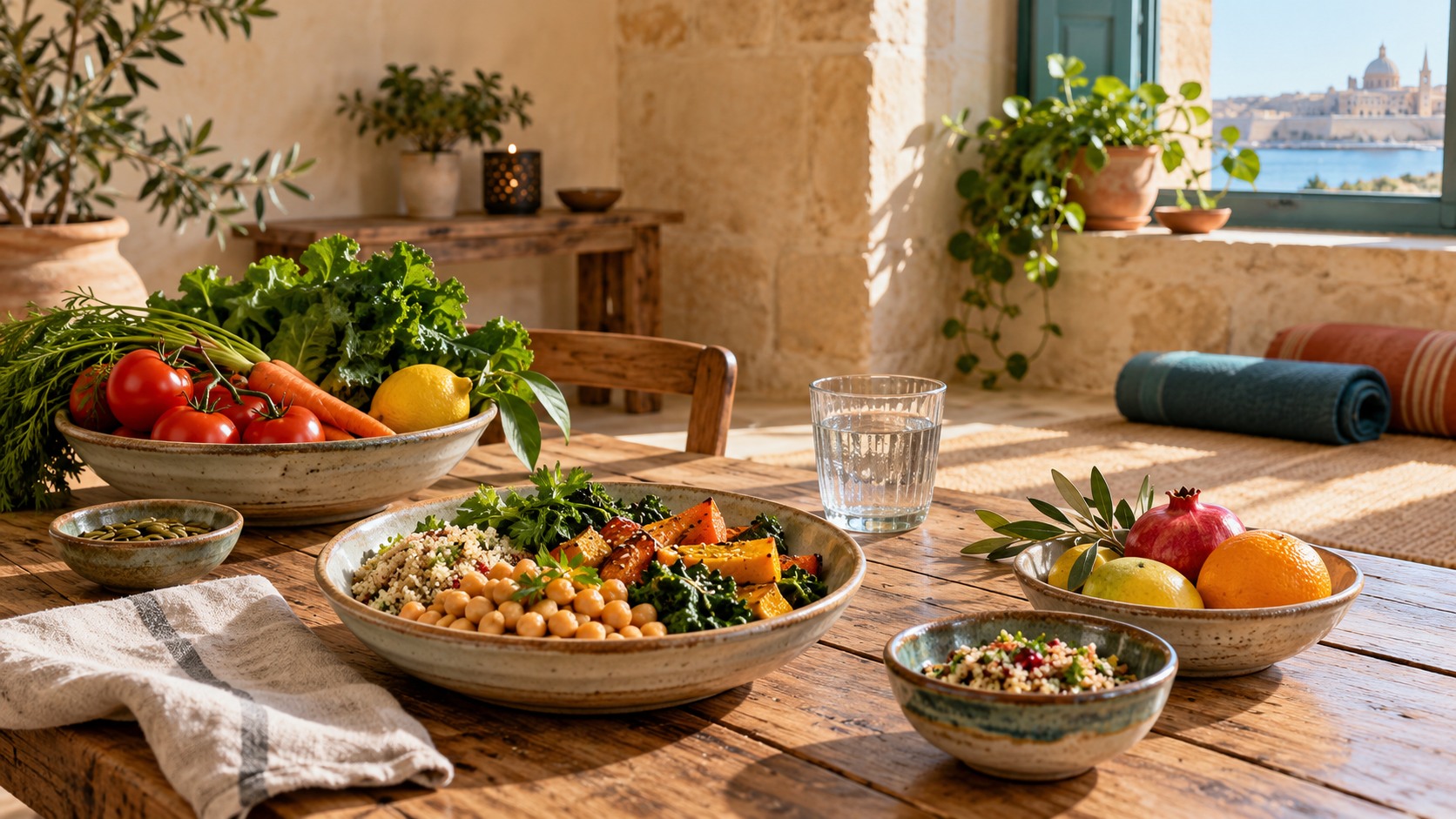 A sentient vegetarian meal with fresh vegetables, chickpeas, grains and fruit in a sunlit Maltese limestone room